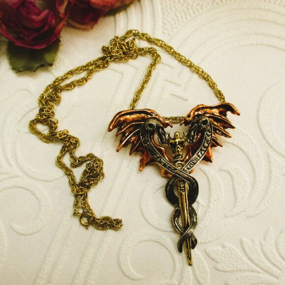 Goth Skull DRAGON Sword Wings Pendant Necklace~ UK Signed Unisex LARP Necklace - Picture 1 of 14